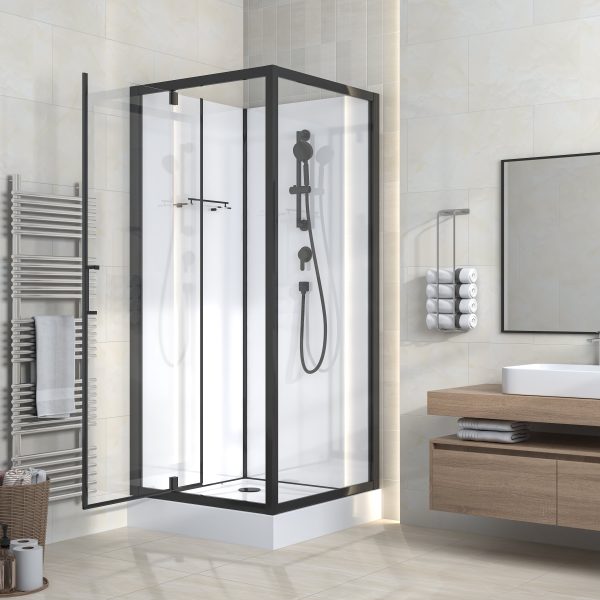Rimo complete douchecabine met draaideur - omkeerbaar - 80x215x80 cm - mat zwart - helder glas